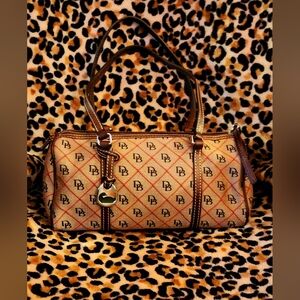 Dooney & Bourke Signature Monogram Barrel Bag in Tan and Brown